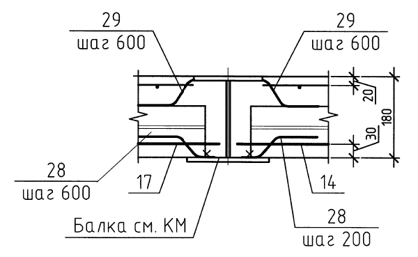 Применение стального каркаса для междуэтажного перекрытия (фрагмент из чертежа рабочей стадии проектирования).